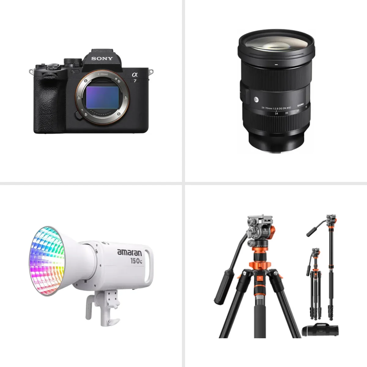 Cámara Sony A7 IV, lente Sigma 24-70, luz Amaran 150c y trípode para rentar