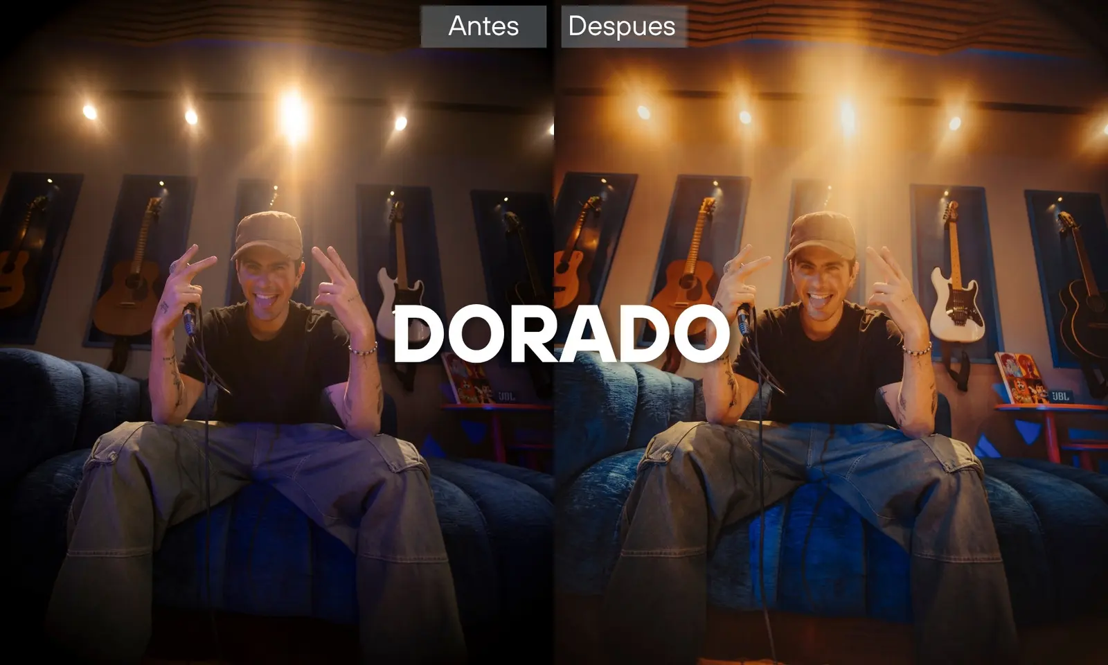 Antes y después con el preset Dorado